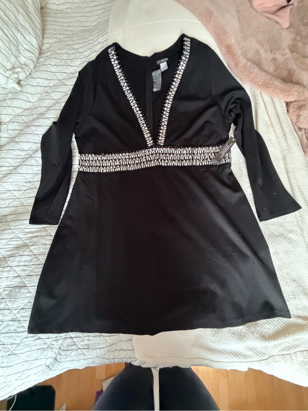 VENUS plus Black Long-Sleeve V-Neck Dress with Silver Embellishment size 24